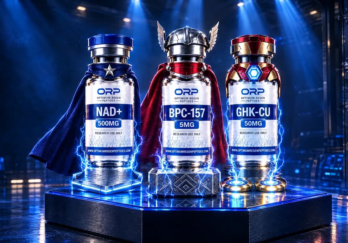 Optimum ReGen Peptides Halloween Sale: Up to 31% off peptides. Three ORP vials dressed up for Halloween on a lit stage: NAD+ 500mg in a starred navy cape, BPC-157 5mg in a winged helmet and red cape, GHK-Cu 50mg in red-and-gold armor