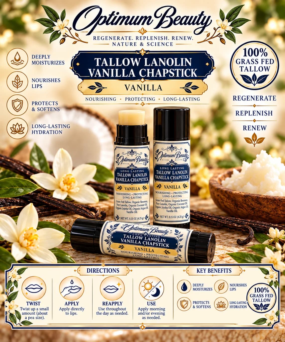 Optimum Beauty Vanilla Tallow Lanolin Chapstick with its ingredients, directions and key benefits