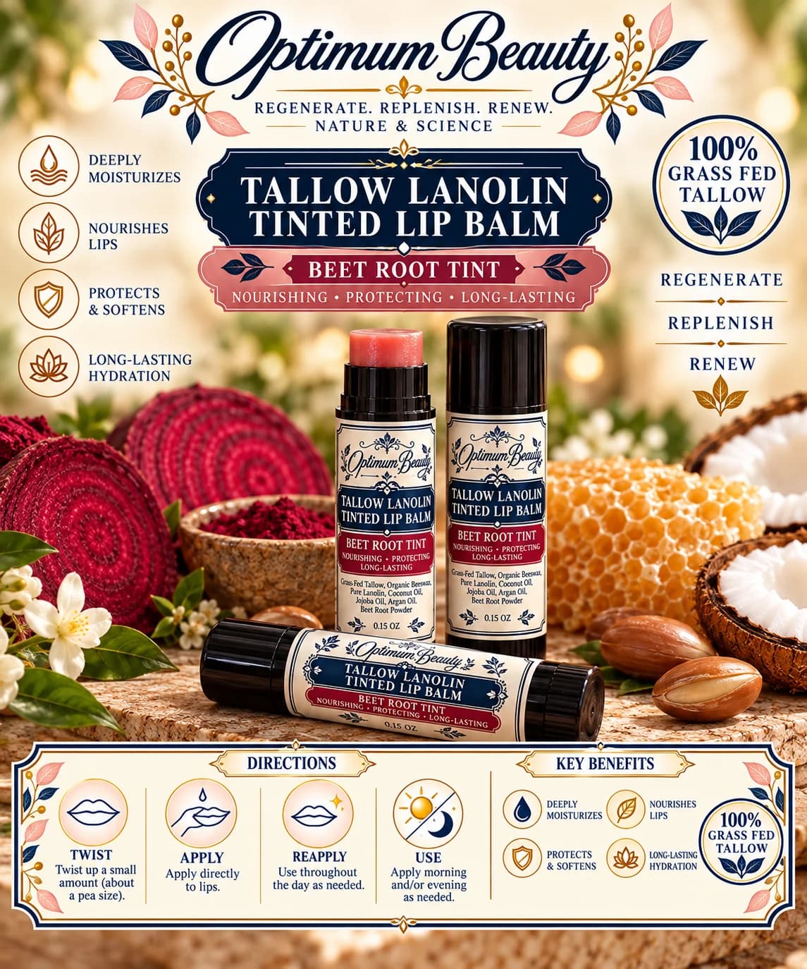 Optimum Beauty Beet Root Tinted Tallow Lip Balm with its ingredients, directions and key benefits
