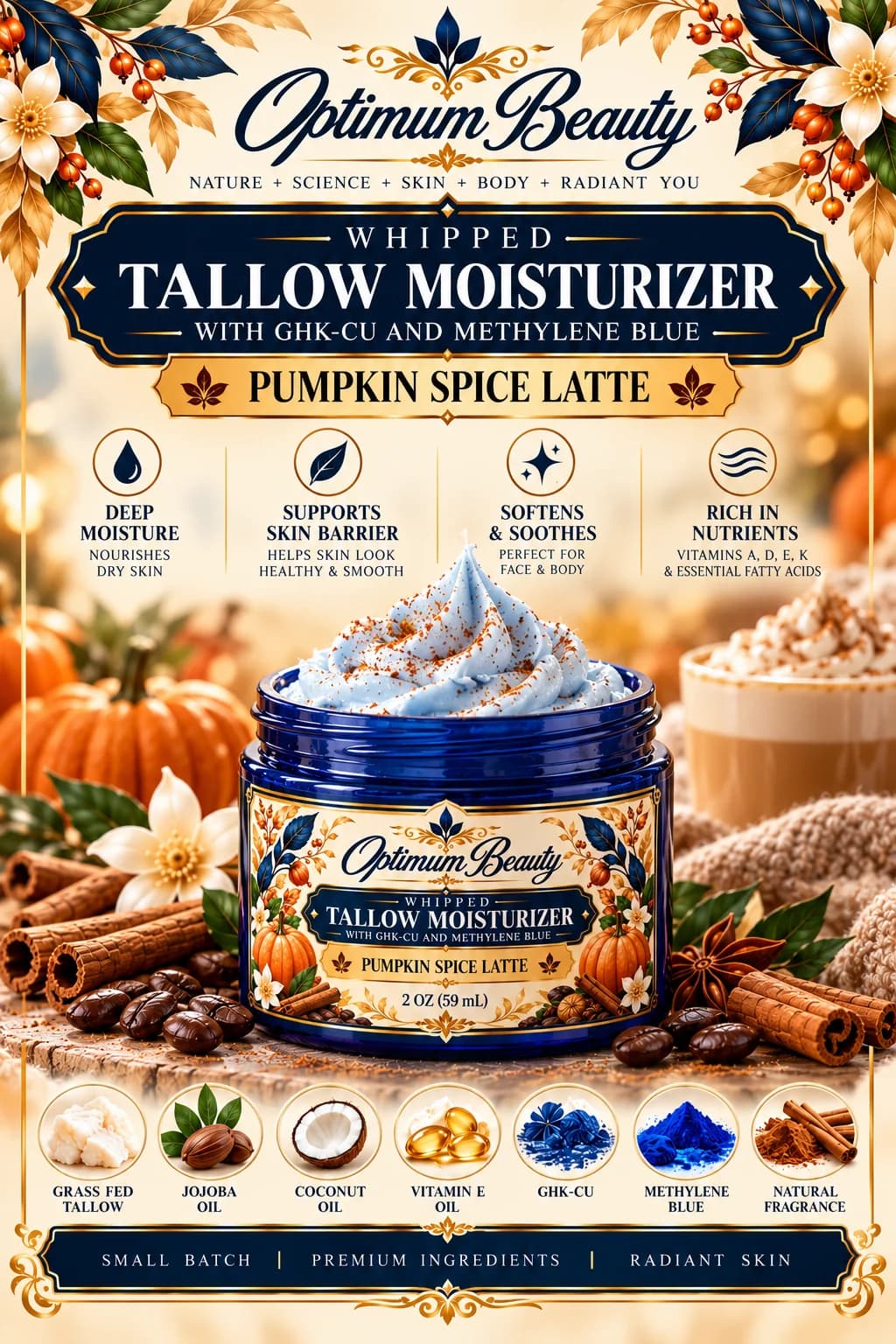 Optimum Beauty Pumpkin Spice Latte Whipped Tallow Moisturizer jar with its ingredients and key benefits