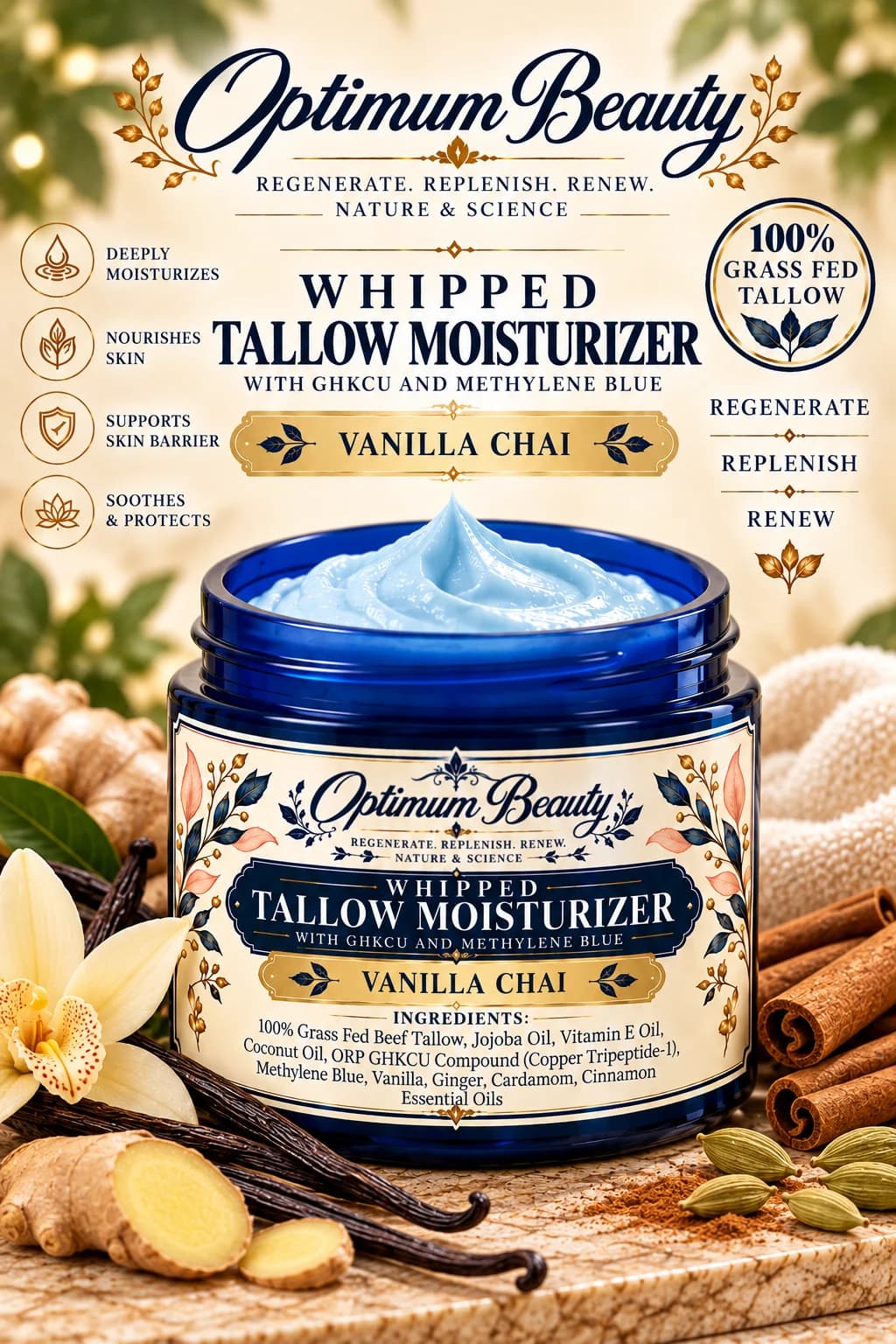 Optimum Beauty Vanilla Chai Whipped Tallow Moisturizer jar with vanilla, ginger, cardamom and cinnamon